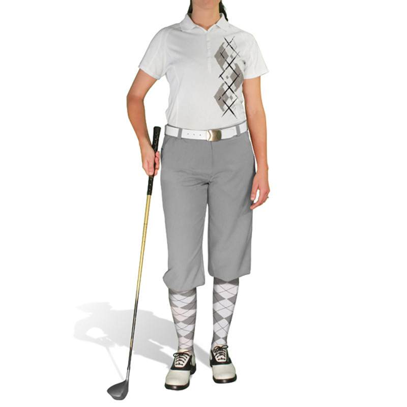 Ladies Sport Pro Dry White Microfiber Shirt with Taupe and White Argyle Paradise Design with Taupe Golf Knickers and Matching Argyle Socks
