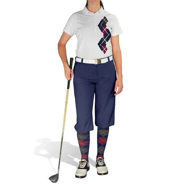 Ladies Sport Pro Dry White Microfiber Shirt with Navy Blue, Maroon and Charcoal Argyle Paradise Design with Navy Golf Knickers and Matching Argyle Socks