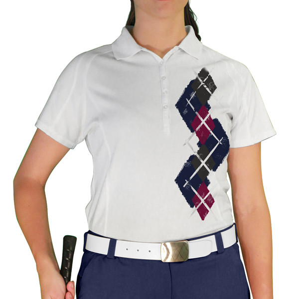 Ladies Sport Pro Dry White Microfiber Shirt with Navy Blue, Maroon and Charcoal Argyle Paradise Design Front
