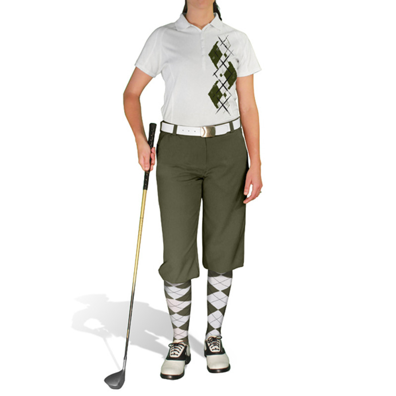 Ladies Sport Pro Dry White Microfiber Shirt with Olive and White Argyle Paradise Design with Olive Golf Knickers and Matching Argyle Socks