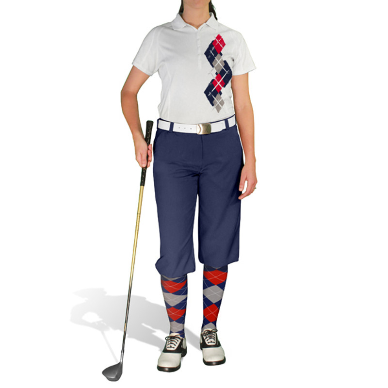 Ladies Sport Pro Dry White Microfiber Shirt with Navy Blue, Taupe and Red Argyle Paradise Design with Navy Blue Golf Knickers and Matching Argyle Socks