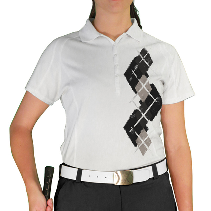 Ladies Sport Pro Dry White Microfiber Shirt with Black, Taupe and Charcoal Argyle Paradise Design Front