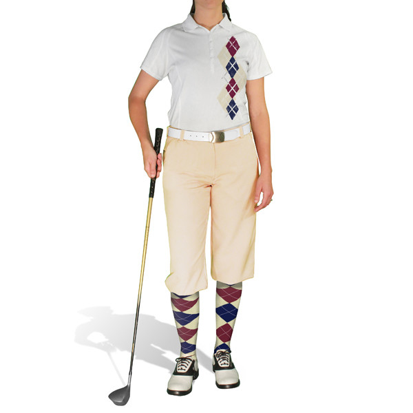 Ladies Pro Dry White Microfiber Shirt with Natural, Navy Blue and Maroon Argyle Paradise Design with Natural Golf Knickers and Matching Argyle Socks