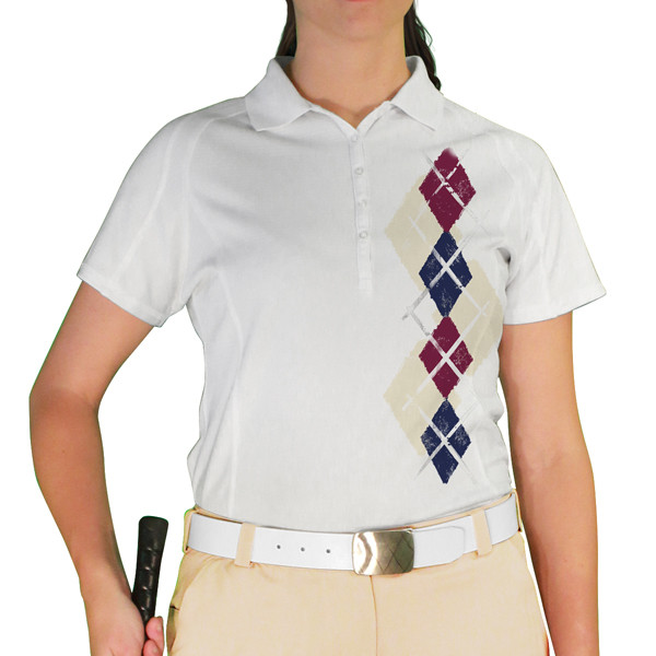Ladies Sport Pro Dry White Microfiber Shirt with Natural, Navy Blue and Maroon Argyle Paradise Design Front