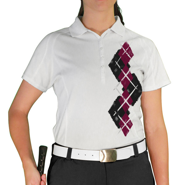 Ladies Sport Pro Dry White Microfiber Shirt with Black and Maroon Argyle Paradise Design Front