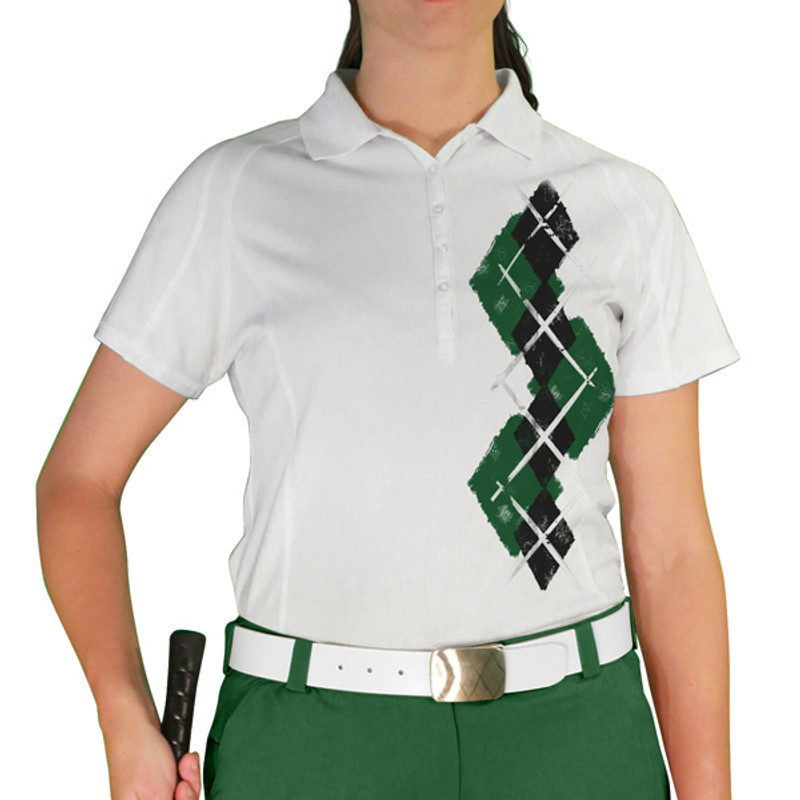 Ladies Sport Pro Dry White Microfiber Shirt with Dark Green and Black Argyle Paradise Design Front