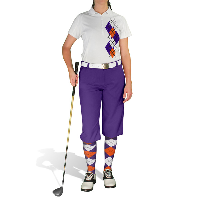 Ladies Sport Pro Dry White Microfiber Shirt with Purple, Orange and White Argyle Paradise Design with Purple Golf Knickers and Matching Argyle Socks