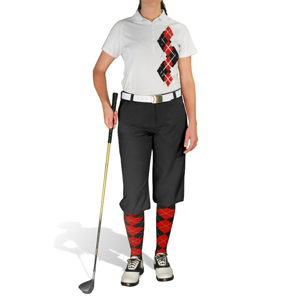Ladies Sport Pro Dry White Microfiber Shirt with Black and Red Argyle Paradise Design with Black Golf Knickers and Matching Argyle Socks