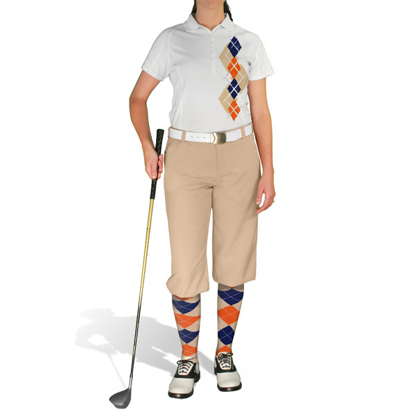 Ladies Sport Pro Dry White Microfiber Shirt with Khaki, Orange and Navy Blue Argyle Paradise Design with Khaki Golf Knickers and Matching Argyle Socks