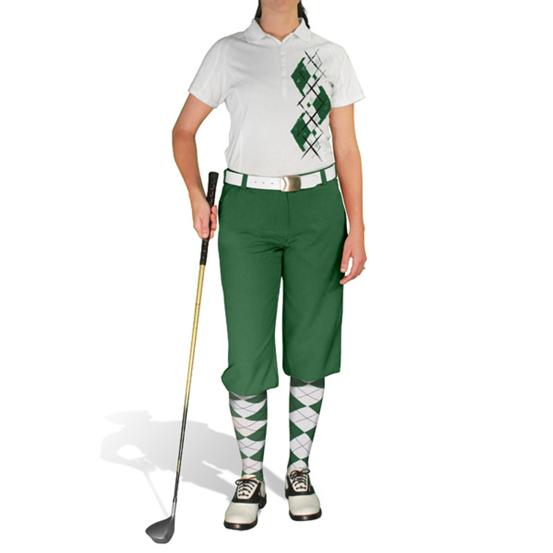 Ladies Sport Pro Dry White Microfiber Shirt with Dark Green and White Argyle Paradise Design with Dark Green Golf Knickers and Matching Argyle Socks