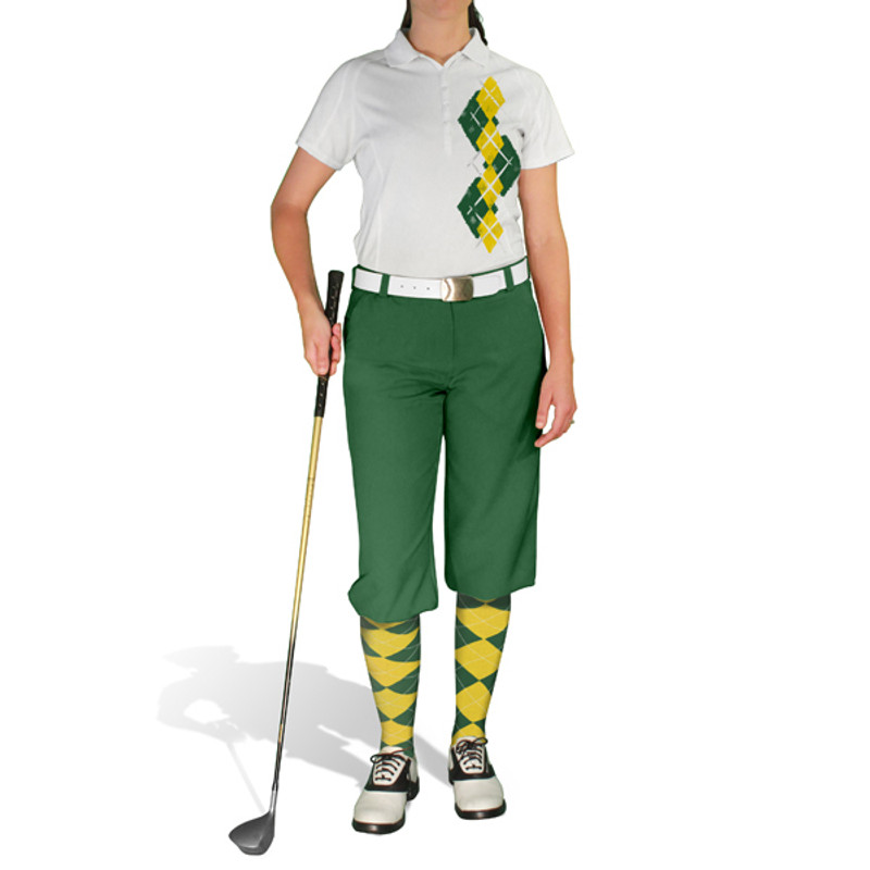Ladies Sport Pro Dry White Microfiber Shirt with Dark Green and Yellow Argyle Paradise Design with Dark Green Knickers and Matching Argyle Socks