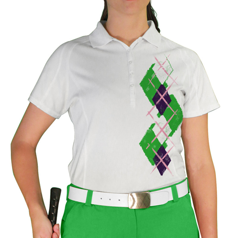 Ladies Sport Pro Dry White Microfiber Shirt with Lime Green, Purple and White Argyle Paradise Design Front