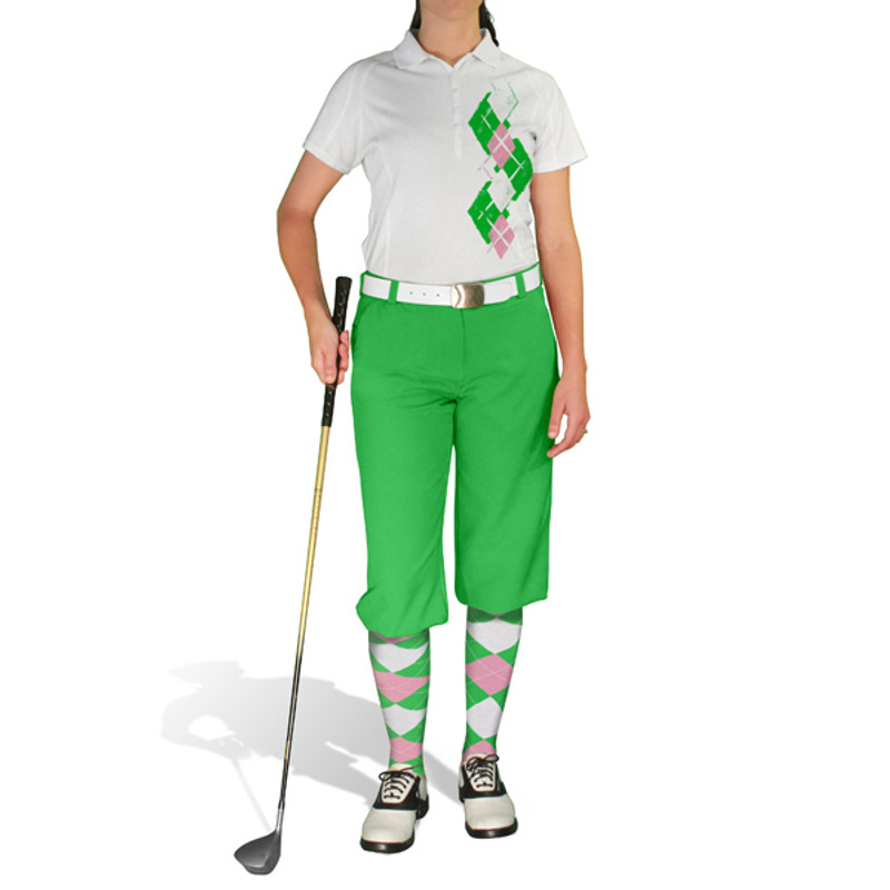 Ladies Sport Pro Dry White Microfiber Shirt with Lime Green, Pink and White Argyle Paradise Design with Lime Green Golf Knickers and Matching Argyle Socks