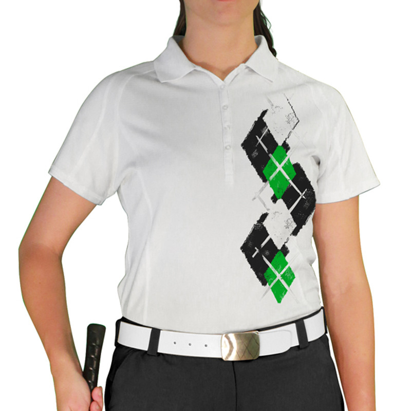 Ladies Sport Pro Dry White Microfiber Shirt with Black, Lime Green and White Argyle Paradise Design Front