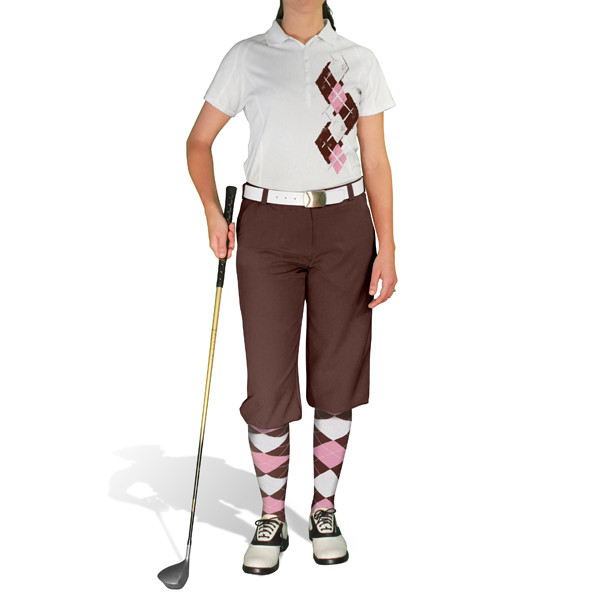 Ladies Sport Pro Dry White Microfiber Shirt with Brown, Pink and White Argyle Paradise Design with Brown Golf Knickers and Matching Argyle Socks