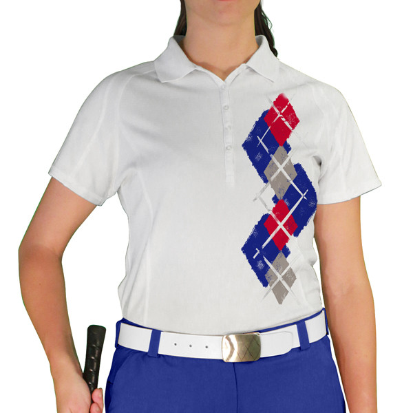 Ladies Sport Pro Dry White Microfiber Shirt with Royal, Taupe and Red Argyle Paradise Design Front