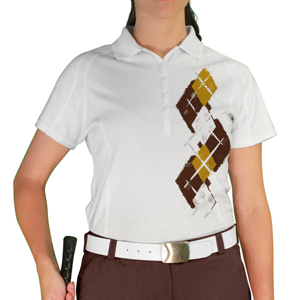 Ladies Sport Pro Dry White Microfiber Shirt with Brown, Gold and White Argyle Paradise Design Front