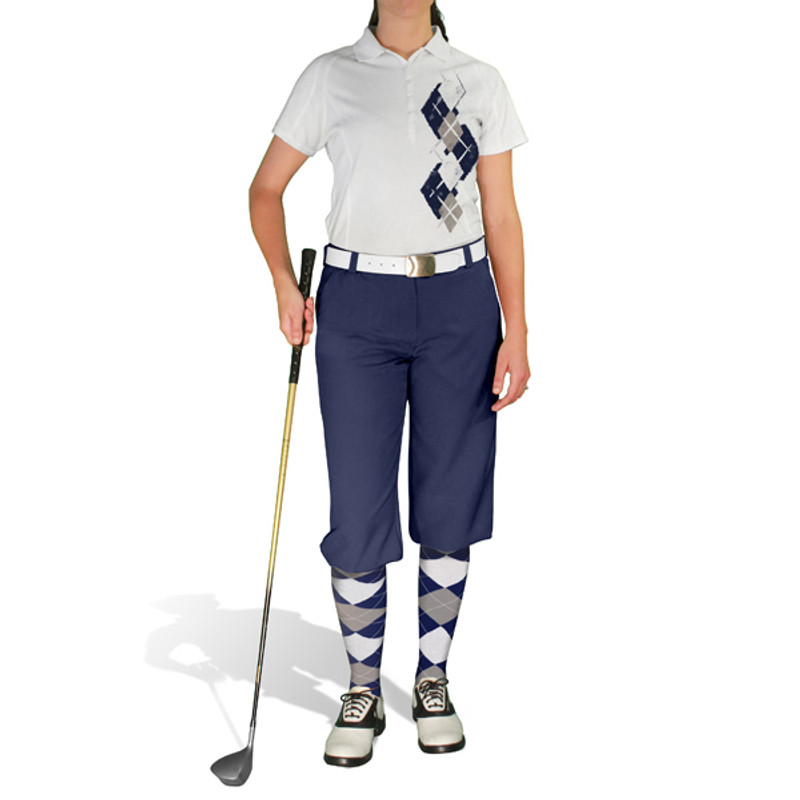 Ladies Sport Pro Dry White Microfiber Shirt with Navy Blue, Taupe and White Argyle Paradise Design with Navy Blue Golf Knickers and Matching Argyle Socks