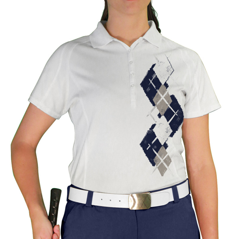Ladies Sport Pro Dry White Microfiber Shirt with Navy Blue, Taupe and White Argyle Paradise Design Front