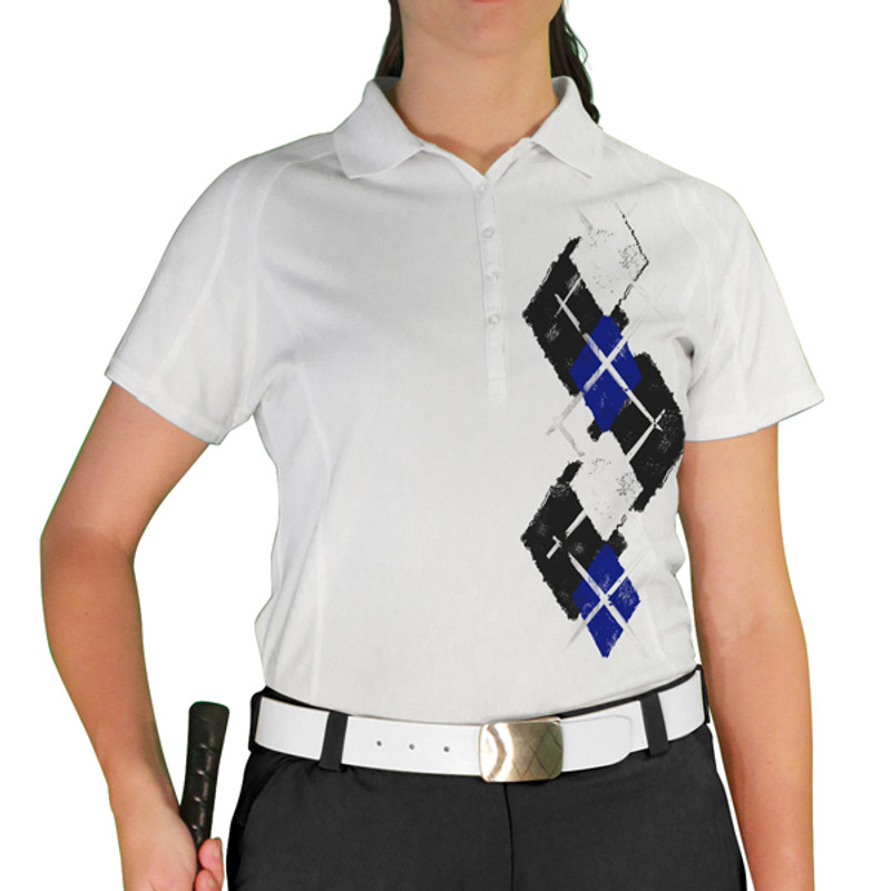Ladies Sport Pro Dry White Microfiber Shirt with Black, Royal Blue and White Argyle Paradise Design Front