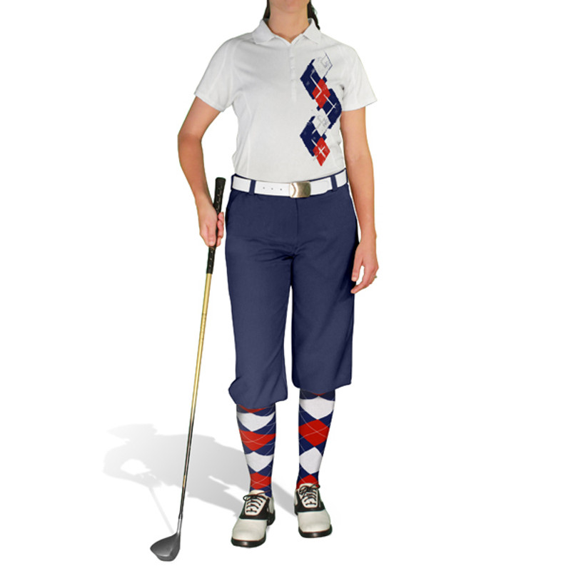 Ladies Sport Pro Dry White Microfiber Shirt with Navy Blue, Red and White Argyle Paradise Design with Navy Blue Golf Knickers and Matching Argyle Socks