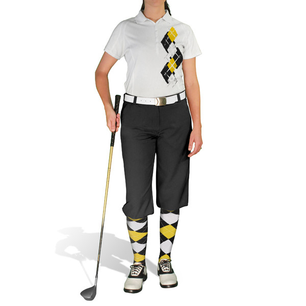 Ladies Sport Pro Dry White Microfiber Shirt with Black, Yellow and White Argyle Paradise Design with Black Golf Knickers and Matching Argyle Socks