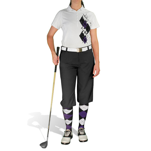 Ladies Sport Pro Dry White Microfiber Shirt with Purple, Pink and White Argyle Paradise Design with Black Golf Knickers and Matching Argyle Socks