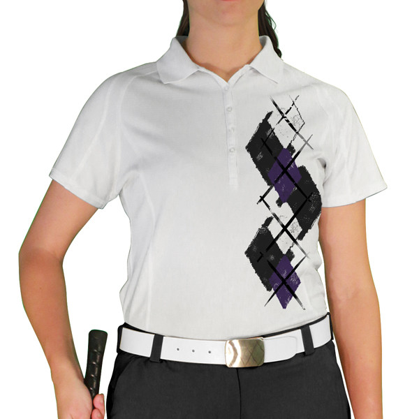 Ladies Sport Pro Dry White Microfiber Shirt with Purple, Pink and White Argyle Paradise Design Front