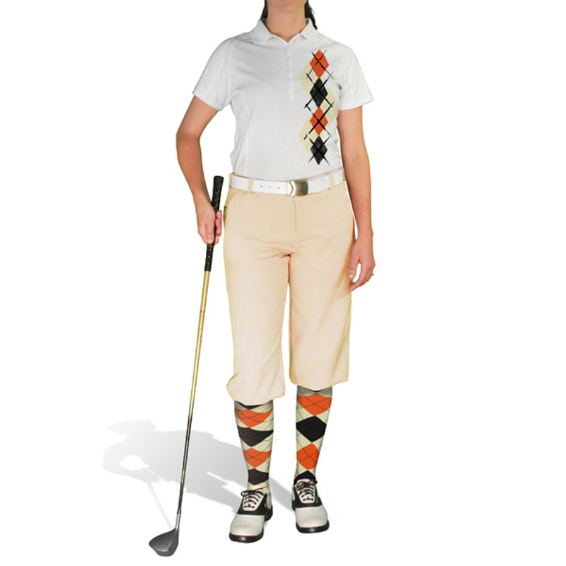 Ladies Sport Pro Dry White Microfiber Shirt with Natural, Black and Orange Argyle Paradise Design with Natural Golf Knickers and Matching Argyle Socks