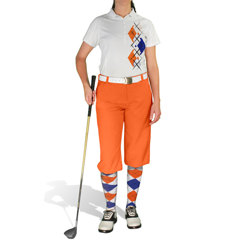 Ladies Sport Pro Dry White Microfiber Shirt with White, Royal Blue and Orange Argyle Paradise Design