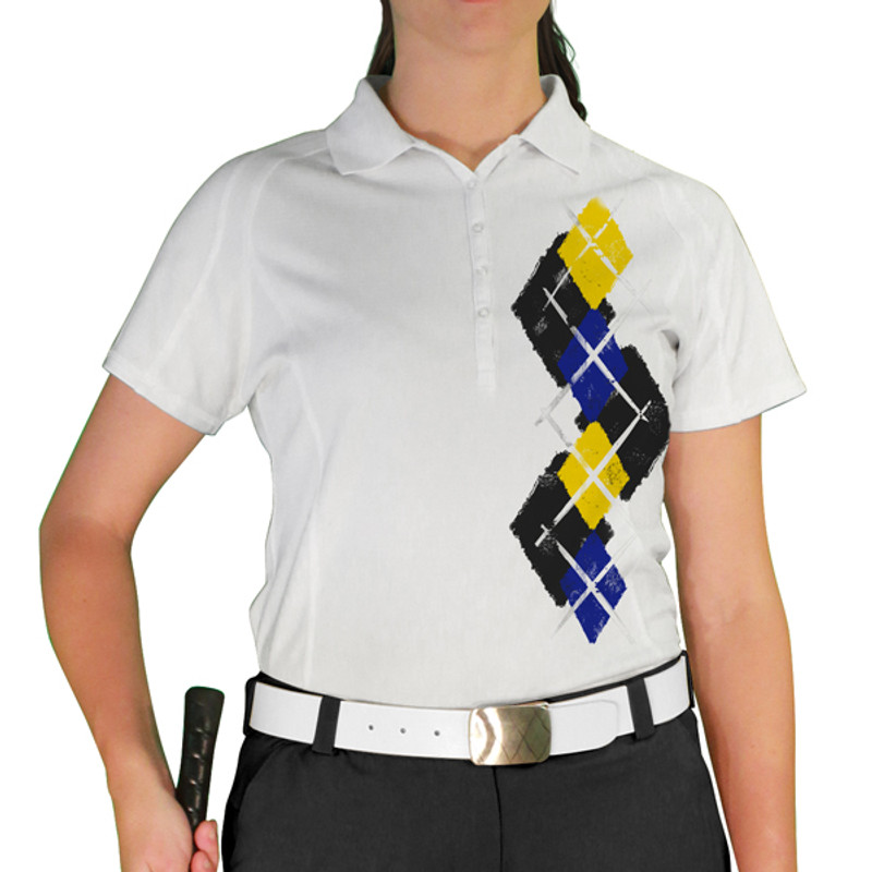Ladies Sport Pro Dry White Microfiber Shirt with Black, Royal Blue and Yellow Argyle Paradise Design Front