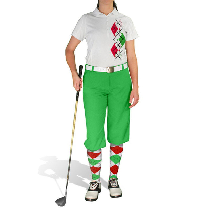 Ladies Sport Pro Dry White Microfiber Shirt with White, Lime Green and Red Argyle Paradise Design with Lime Green Golf Knickers and Matching Argyle Socks