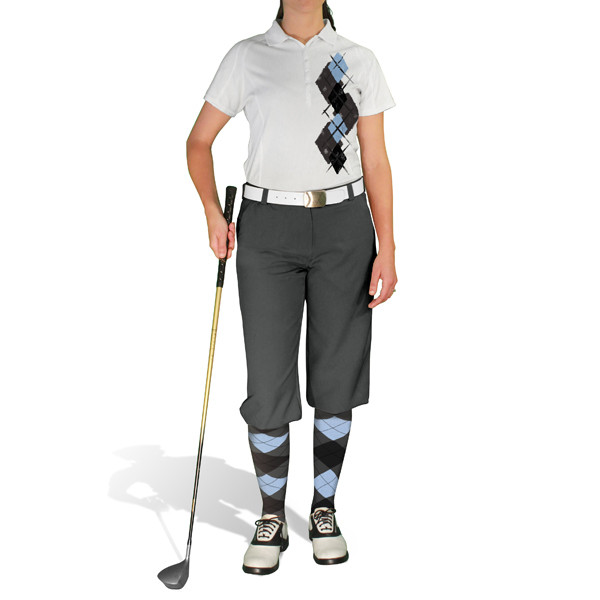 Ladies Sport Pro Dry White Microfiber Shirt with Charcoal, Black and Light Blue Argyle Paradise Design with Charcoal Golf Knickers and Matching Argyle Socks