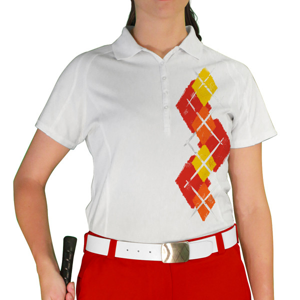 Ladies Sport Pro Dry White Microfiber Shirt with Red, Orange and Yellow Argyle Paradise Design Front