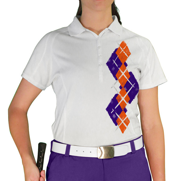 Ladies Sport Pro Dry White Microfiber Shirt with Purple and Orange Argyle Paradise Design Front