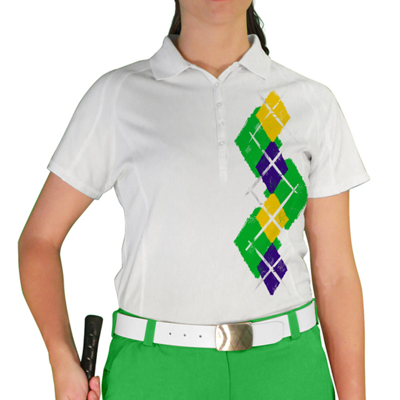 Ladies Sport Pro Dry White Microfiber Shirt with Lime Green, Purple and Yellow Argyle Paradise Design Front