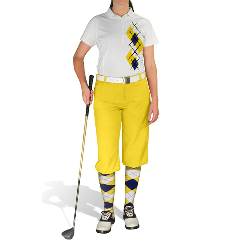Ladies Sport Pro Dry White Microfiber Shirt with Yellow, Navy Blue and White Argyle Paradise Design with Yellow Golf Knickers and Matching Argyle Socks