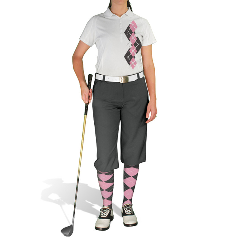 Ladies Sport Pro Dry White Microfiber Shirt with Charcoal and Pink Argyle Paradise Design With Charcoal Golf Knickers and Matching Argyle Socks