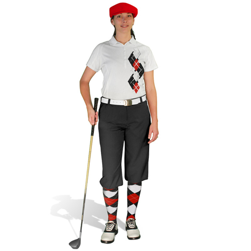 Ladies Golf Knickers Argyle Paradise Outfit JJJJ - Black/Red/White