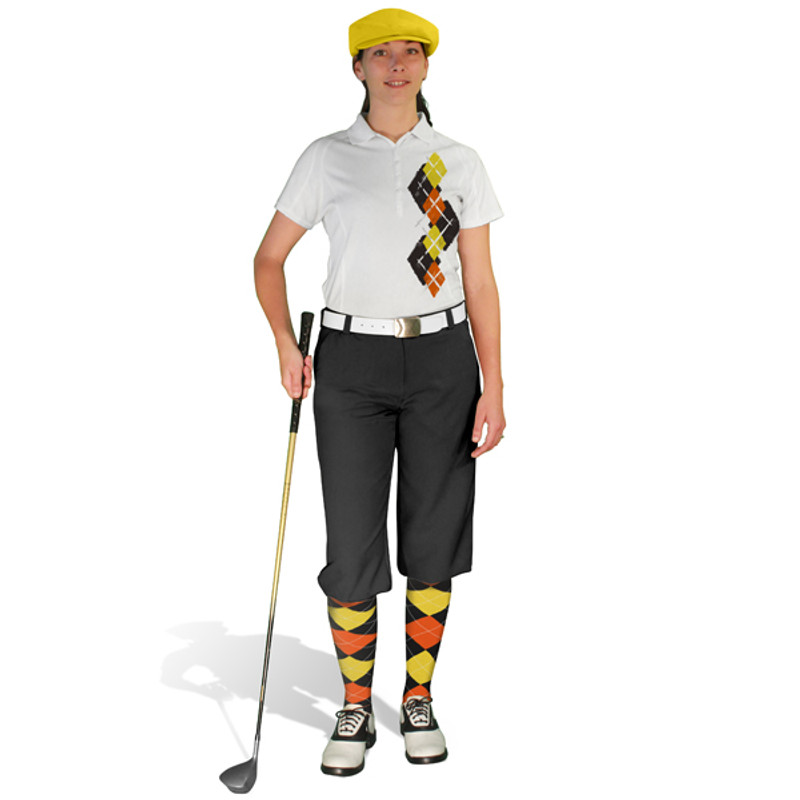 Ladies Golf Knickers Argyle Paradise Outfit 6B - Black/Orange/Yellow