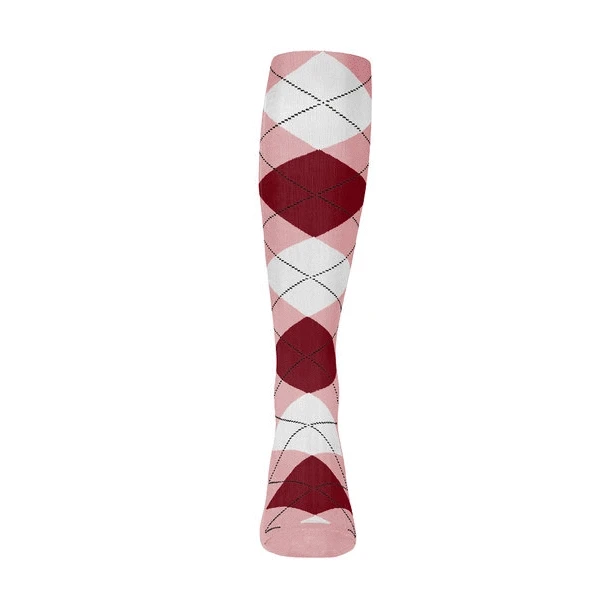 Ladies Over the Calf Argyle Sock Pink, Maroon and White 360 View