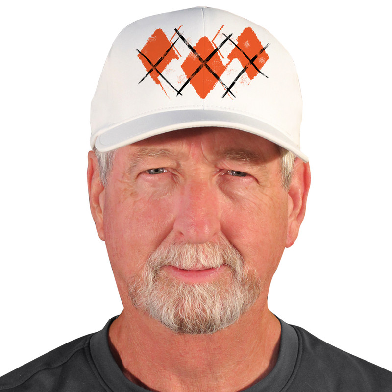 Active Series Sports Mens Baseball Cap Argyle Paradise: Orange and White Design Front