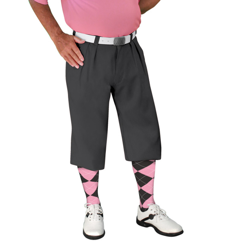 Mens Outdoor Sports Charcoal Microfiber Golf Knickers with Charcoal and Pink Argyle Socks