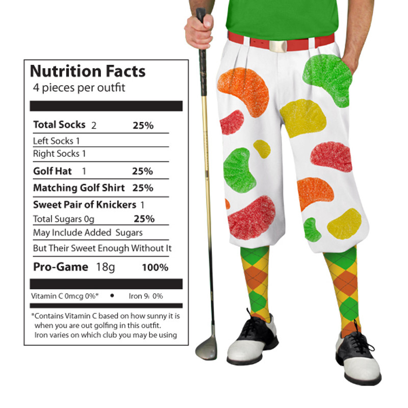 Mens Snickers Gummy Fruit Slices Outfit Outdoor Sports White Microfiber Golf Knickers featuring Orange, Lime Green, Yellow Lemon and Red Cherry Gummy Slices