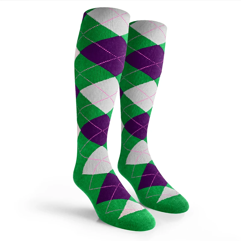 Argyle Socks - Youth Over-the-Calf - LLL: Lime/Purple/White