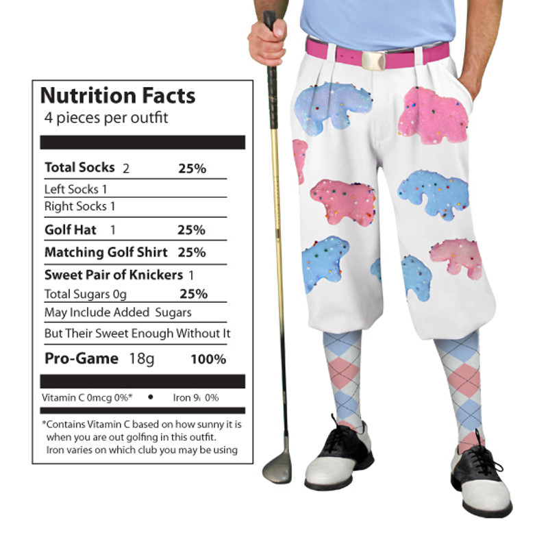 Mens Snickers Light Blue and Pink Animal Cracker Outfit Outdoor Sports White Microfiber Golf Knickers featuring Light Blue and Pink Animal Crackers including Rhino, Elephant, and Camal