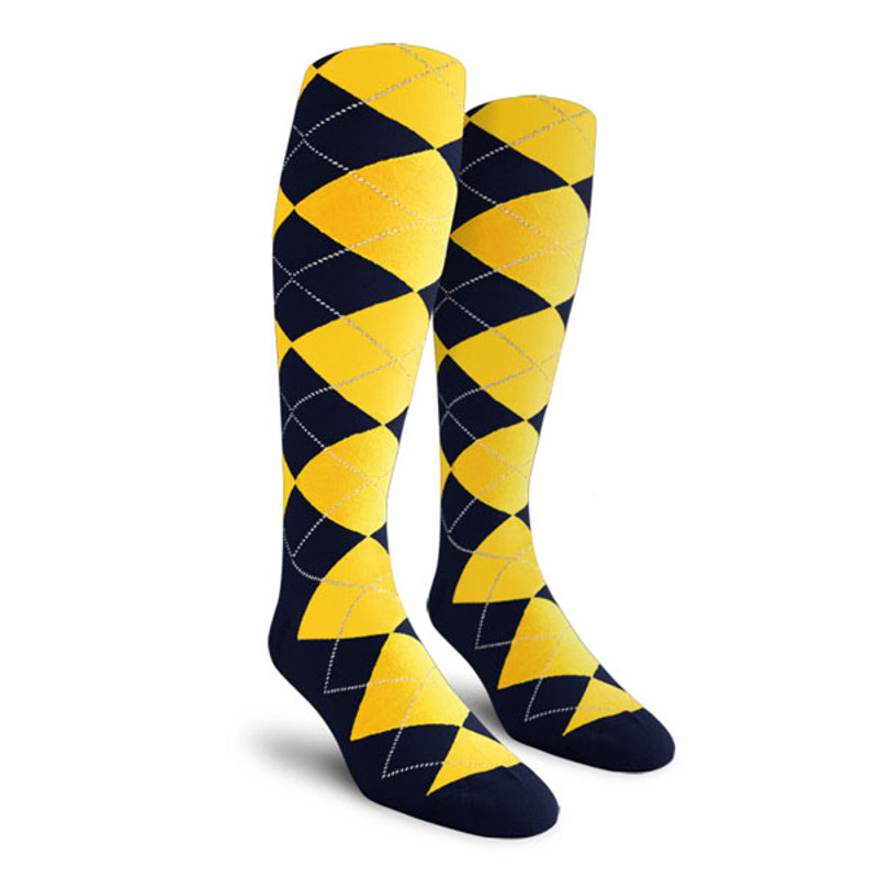 Mens Over the Calf Argyle Socks Navy and Yellow