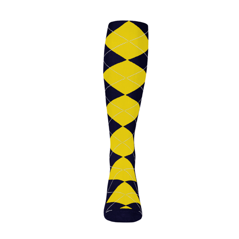 Mens Over the Calf Argyle Sock Navy and Yellow 360 View