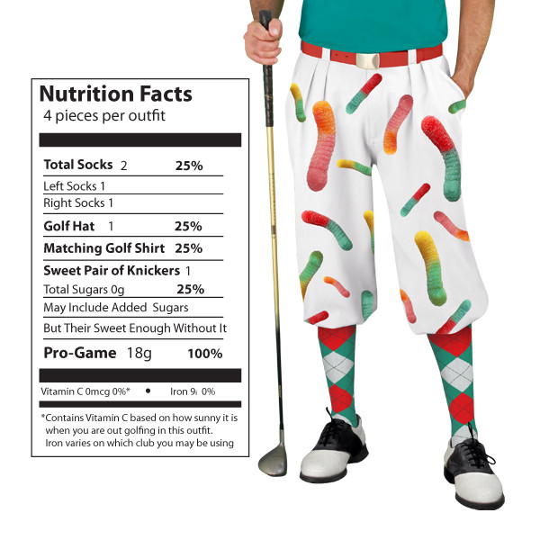 Mens Snickers Gummy Worm Outfit Outdoor Sports White Microfiber Golf Knickers with Red and Blue, Pink and Orange and Yellow and Green flavors