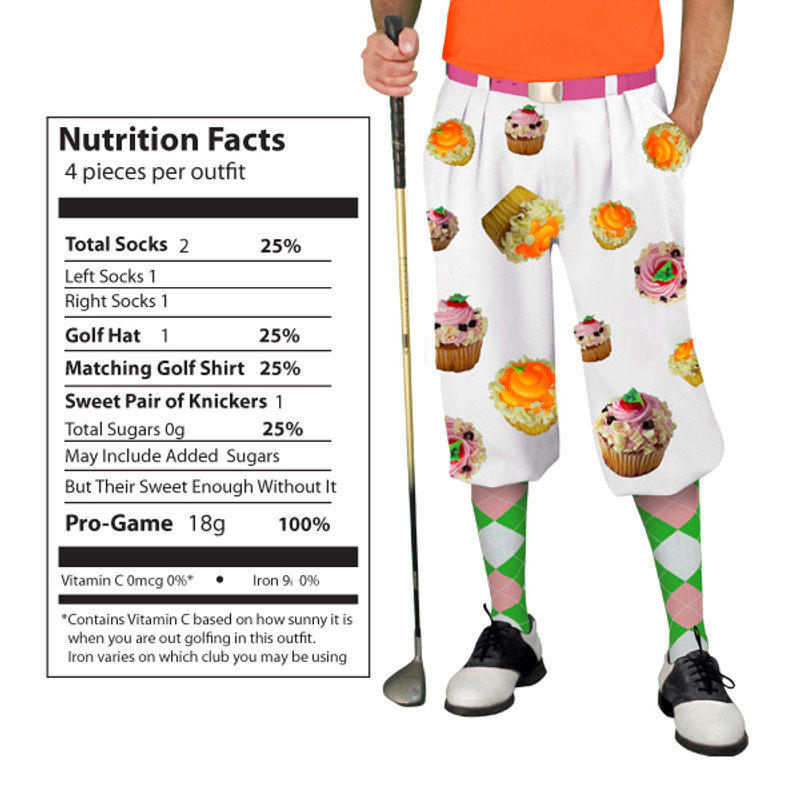 Mens Snickers Cupcake Outfit Outdoor Sports White Microfiber Golf Knickers with Orange and Strawberry Frosted Cupcakes